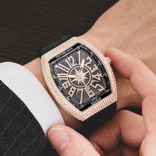 Men's Iced Arabic Numerals Watch with Black Strap