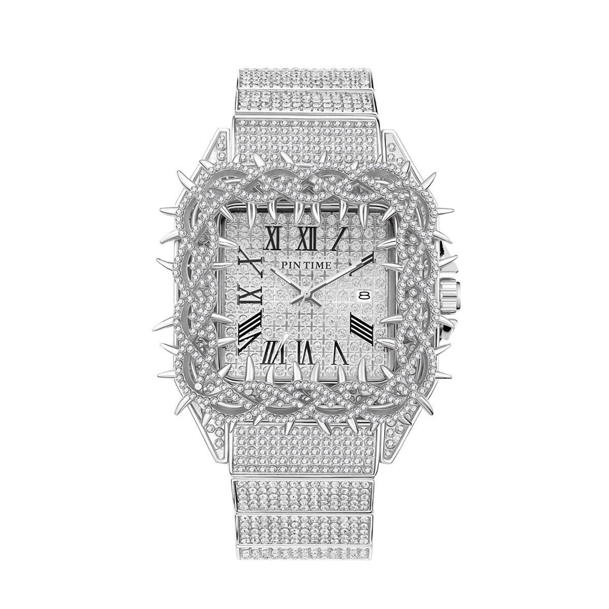 Iced Out Thorn Square Bezel Quartz Men's Watch in White Gold