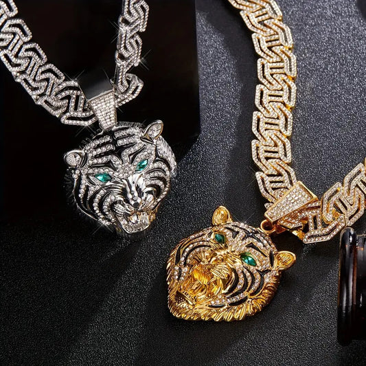 Two-tone Roaring Tiger Head Round Pendant