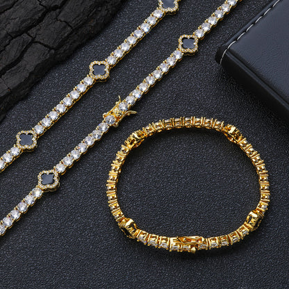 4mm Iced Out Black Four Leaf Clover Tennis Chain and Bracelet Set