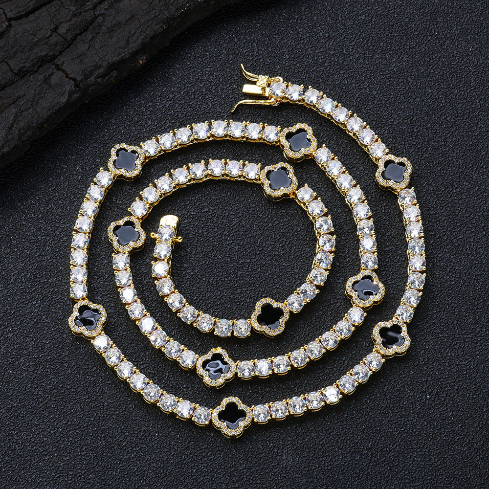 4mm Iced Out Black Four Leaf Clover Tennis Chain and Bracelet Set