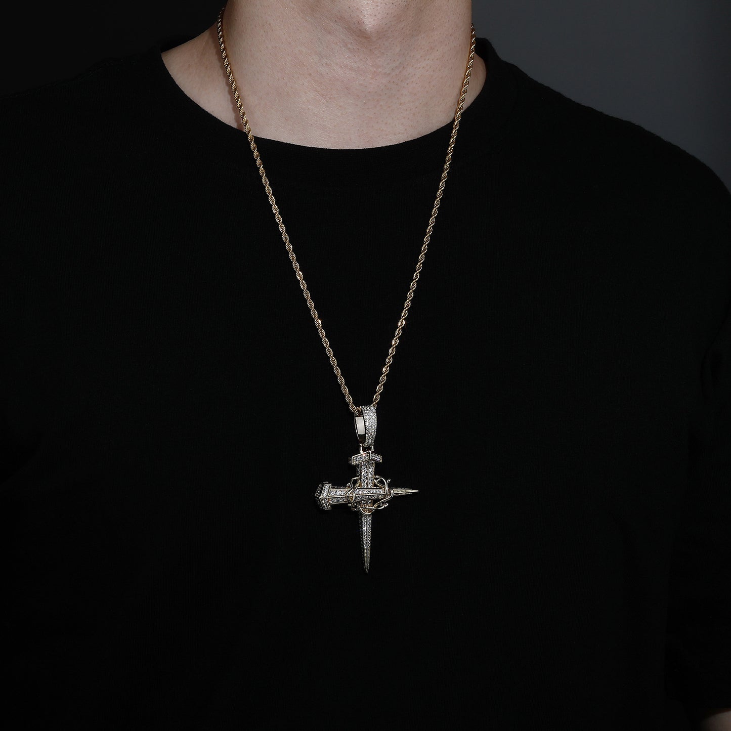 Iced Out Crown Of Thorns Nail Cross Pendant