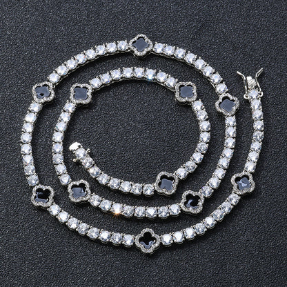 4mm Iced Out Black Four Leaf Clover Tennis Chain and Bracelet Set