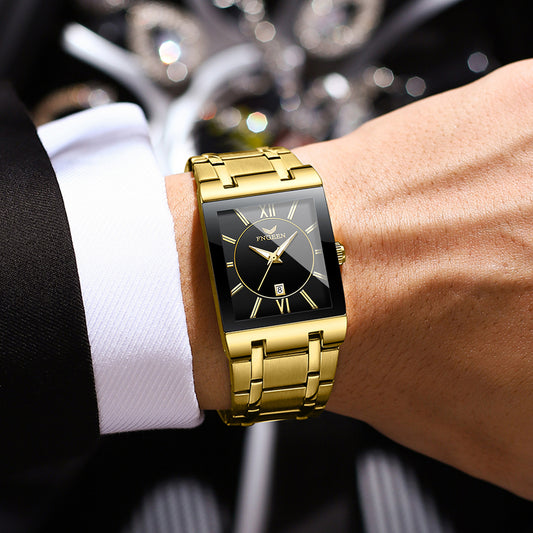Square Quartz Watch for Men with Steel Strap