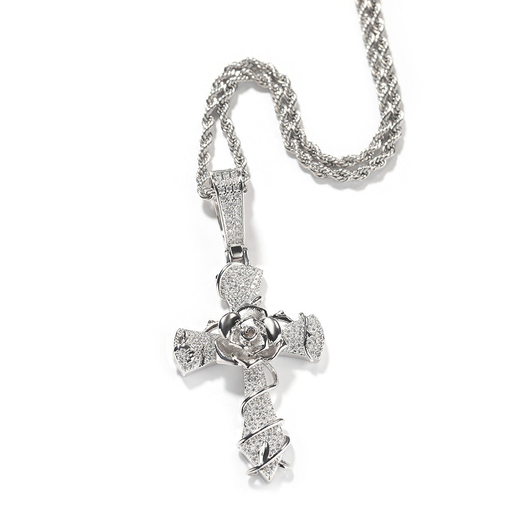 Iced Thorns Rose Cross Pendant