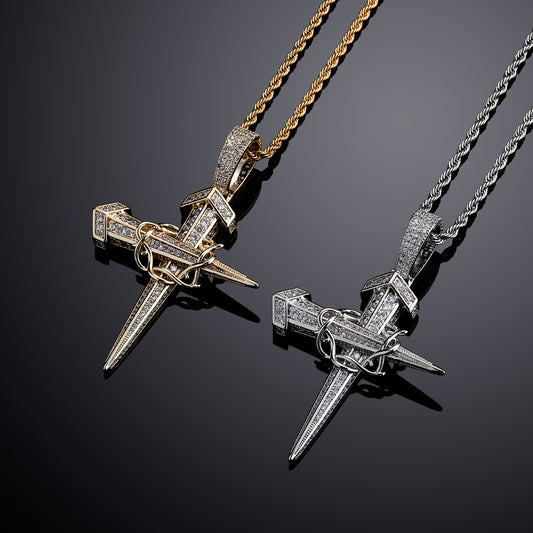 Iced Out Crown Of Thorns Nail Cross Pendant