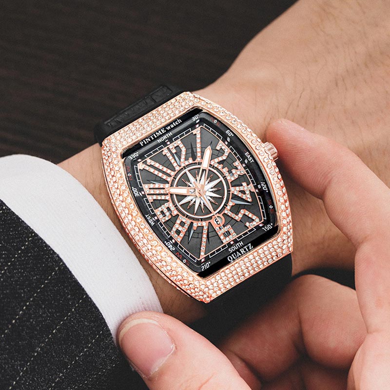 Men's Iced Arabic Numerals Watch with Black Strap