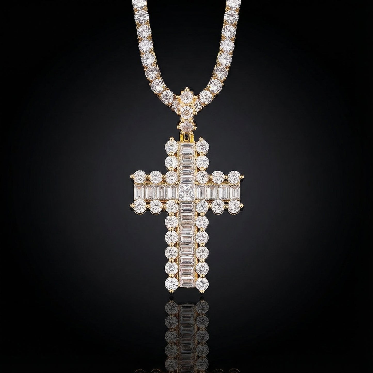 Baguette and Round Diamond Cross Pendant