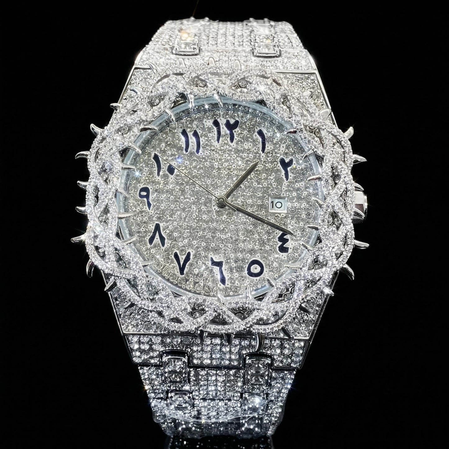 Iced Out Thorn Crown Men's Watch in White Gold