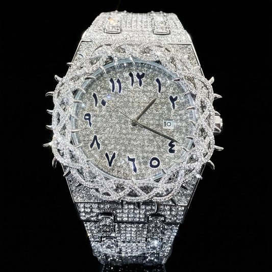 Iced Out Thorn Crown Men's Watch in White Gold