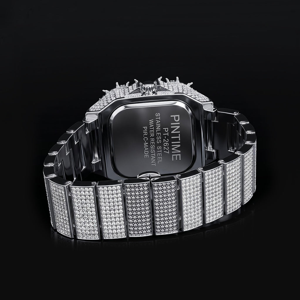 Iced Out Thorn Square Bezel Quartz Men's Watch in White Gold