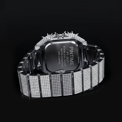 Iced Out Thorn Square Bezel Quartz Men's Watch in White Gold