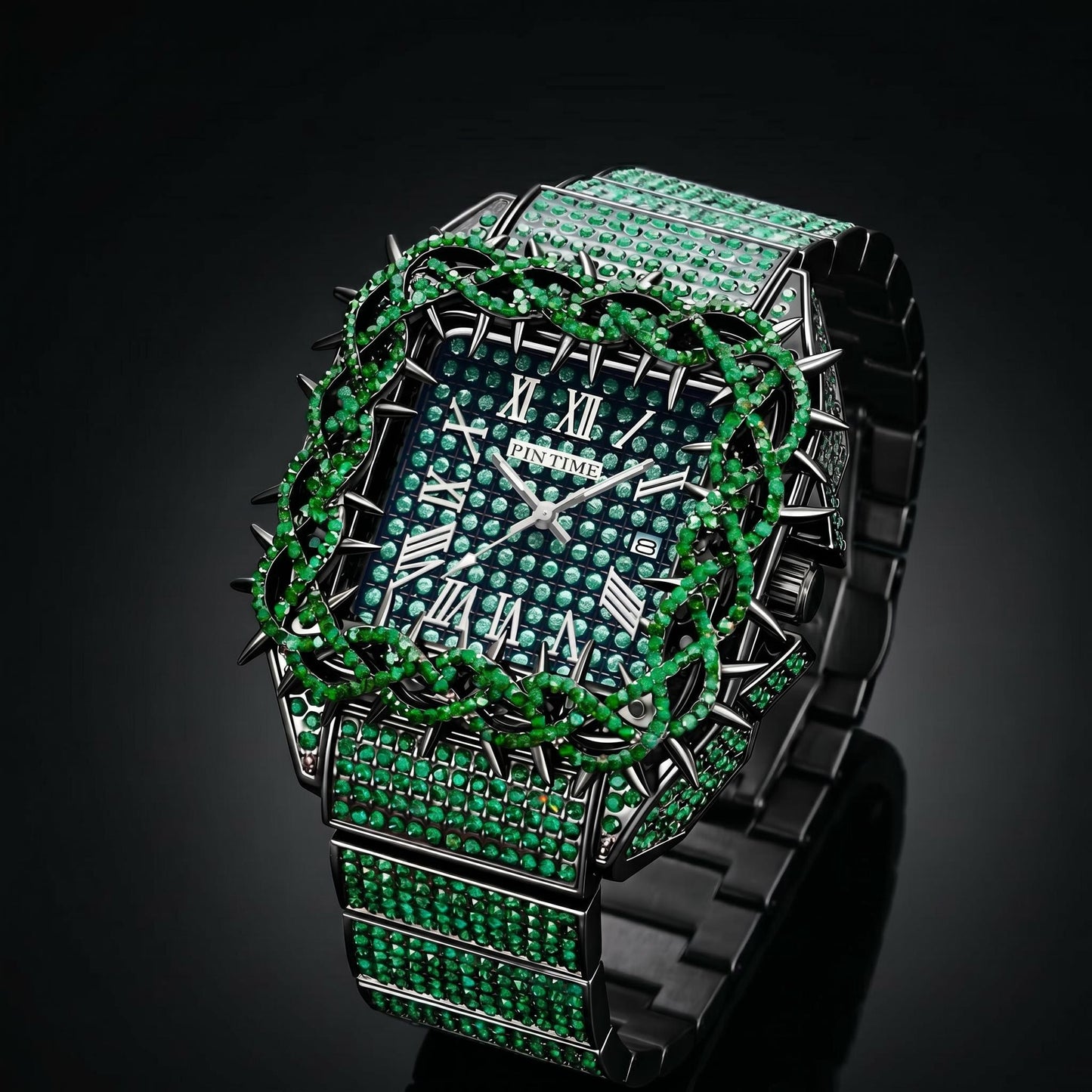 Iced Out Green Thorn Square Bezel Quartz Watch in Black Gold