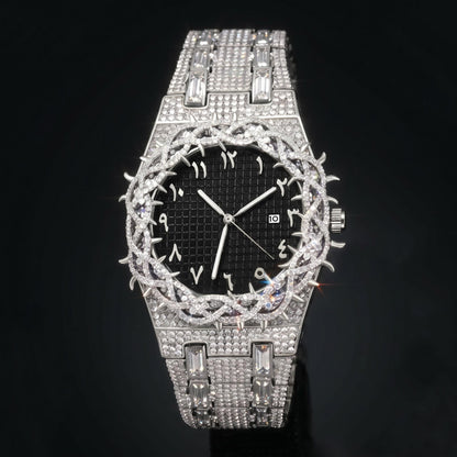 Iced Thorn Bezel Black Dial Watch in White Gold