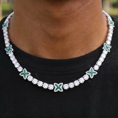 Iced Out Green Four Leaf Clover Tennis Chain and Bracelet Set