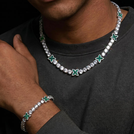 Iced Out Green Four Leaf Clover Tennis Chain and Bracelet Set