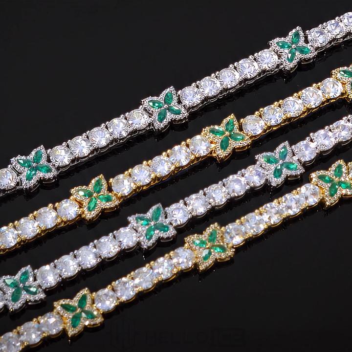 Iced Out Green Four Leaf Clover Tennis Chain and Bracelet Set