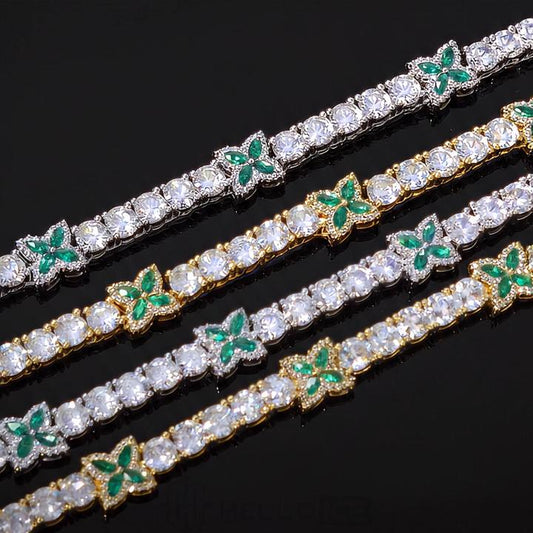 Iced Out Green Four Leaf Clover Tennis Chain and Bracelet Set