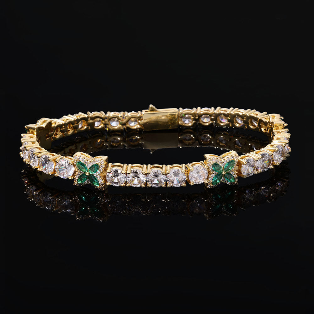 5mm Iced Out Green Four Leaf Clover Tennis Chain and Bracelet Set