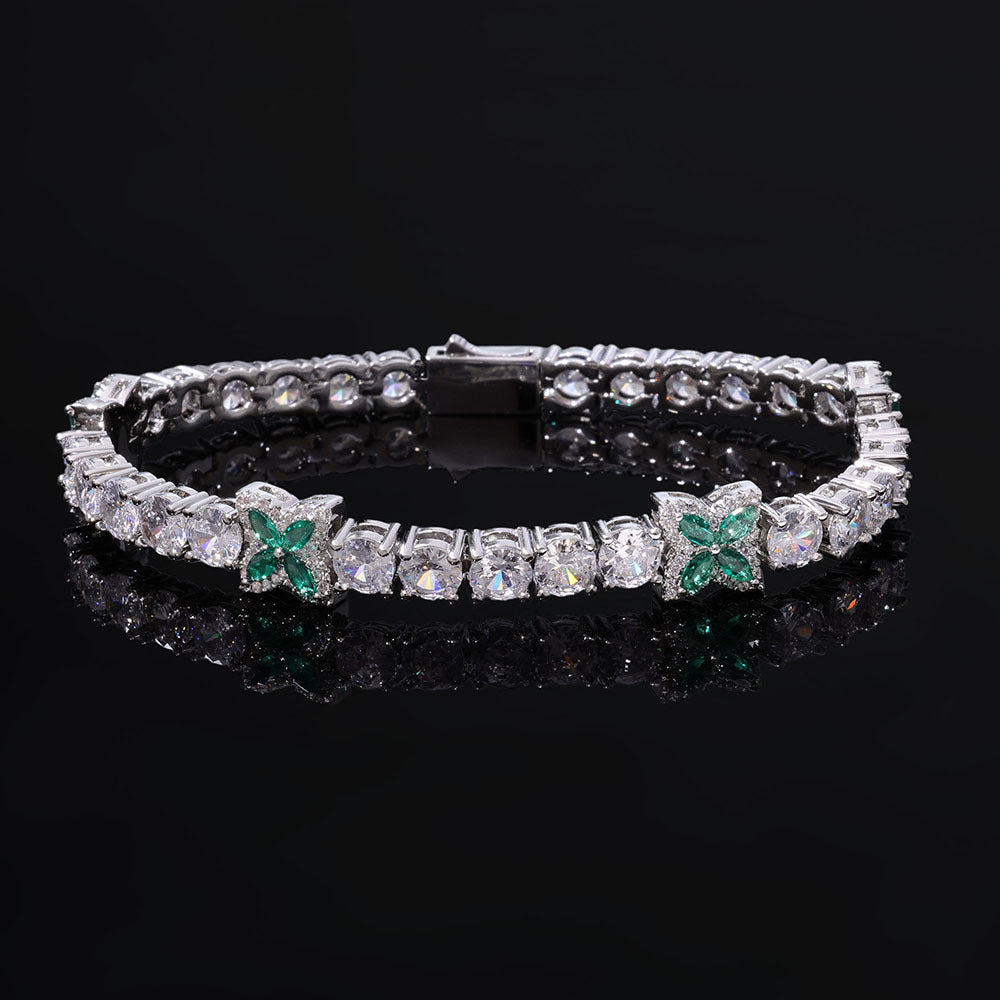 5mm Iced Out Green Four Leaf Clover Tennis Chain and Bracelet Set