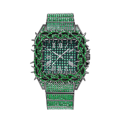 Iced Out Thorn Square Bezel Quartz Men's Watch in White Gold