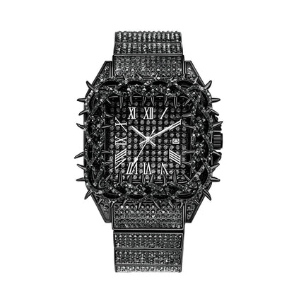 Iced Out Thorn Square Bezel Quartz Men's Watch in White Gold